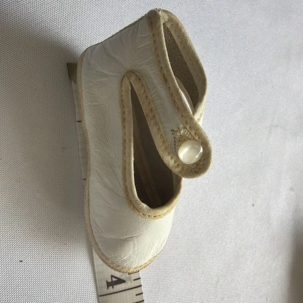 Vintage White Oilcloth Doll Shoes - Pearl Button Detail - Antique Fashion Doll